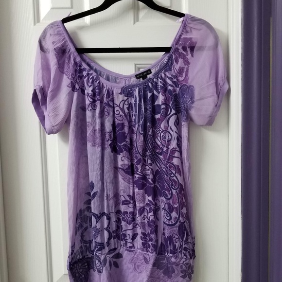 FANG Tops - Sheer Purple Floral Tunic